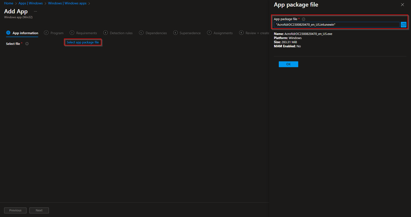 Selecting Windows app (win32) type in Intune
